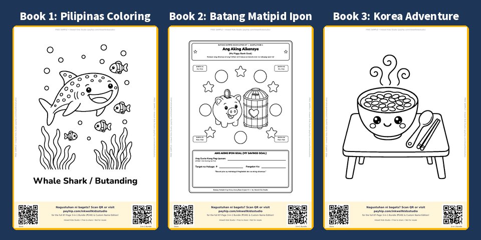 Inside preview of Inkwell Kids Studio's Pilipinas Coloring, Batang Matipid Alkansya, and Korea Coloring pages